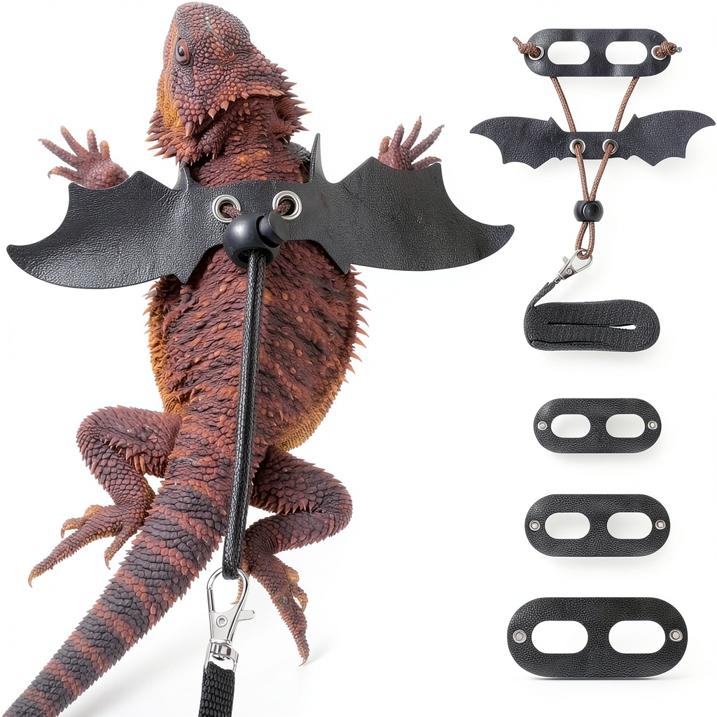 Bopurle lizard leash with adjustable straps on a bearded dragon