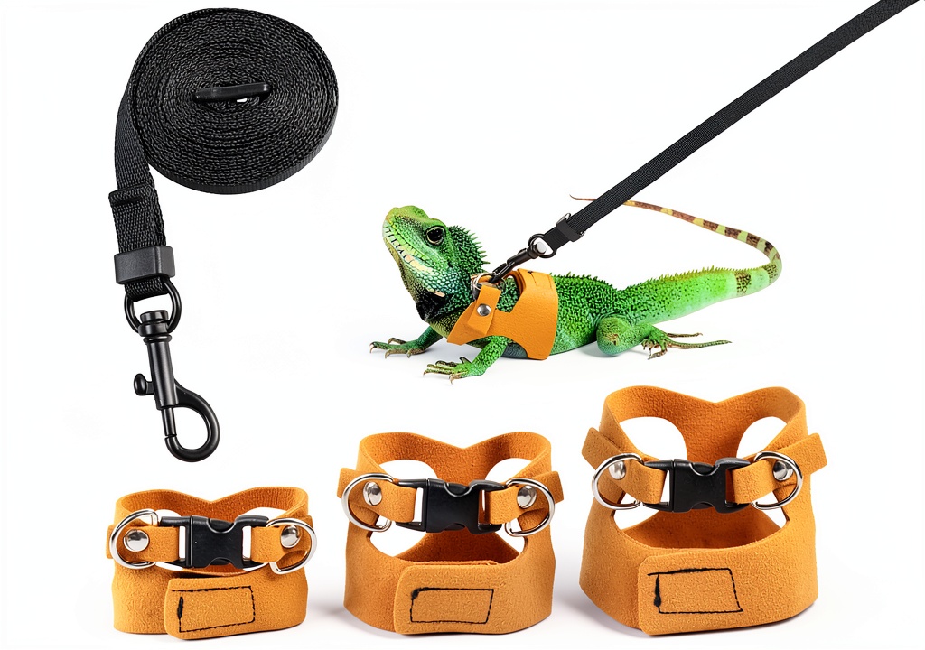 'Maxqzin bearded dragon leash harness set shown on a lizard'