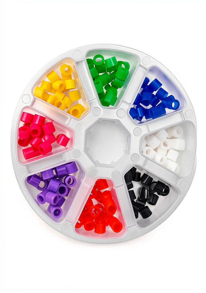 Misemiko dental code rings in multiple colors on a medical tray
