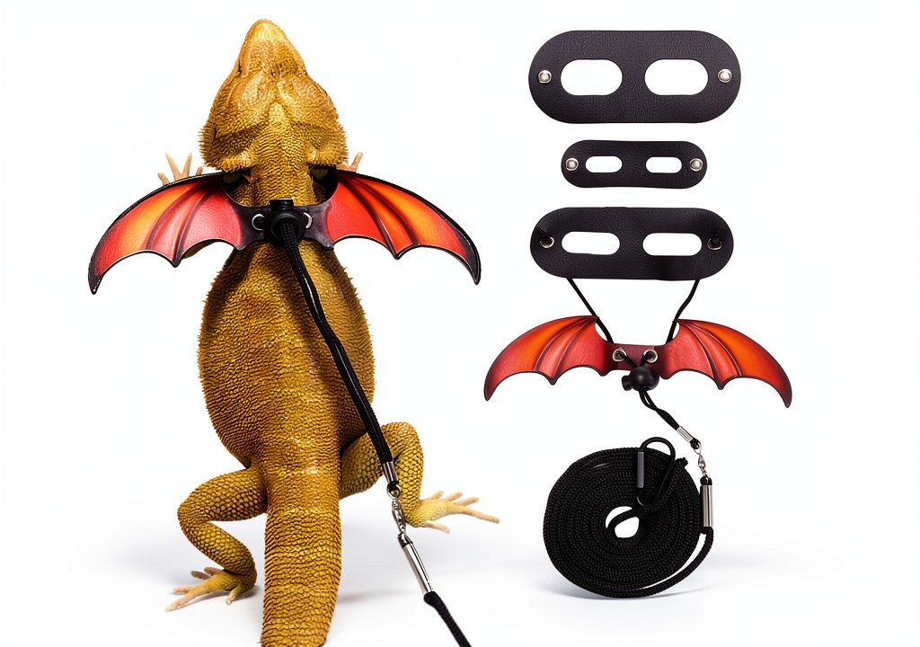 Bearded dragon wearing the latest wing harness