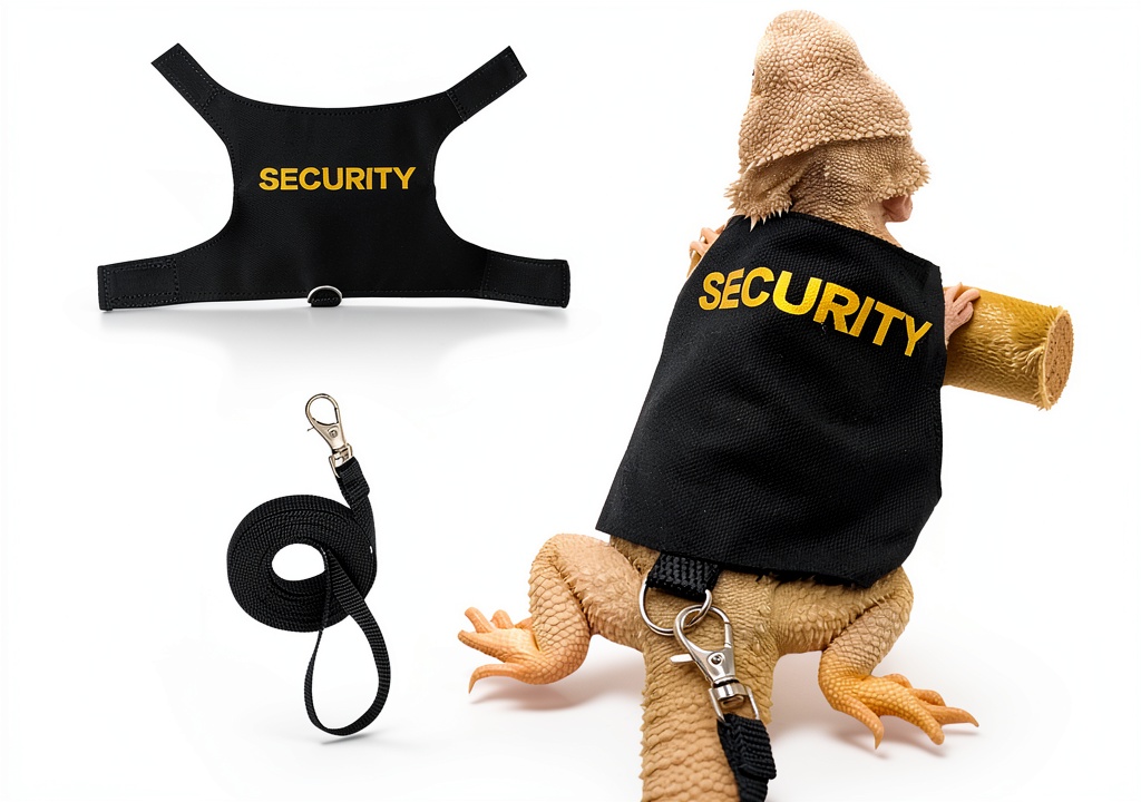 Bearded dragon wearing SEZDEKI harness in a garden