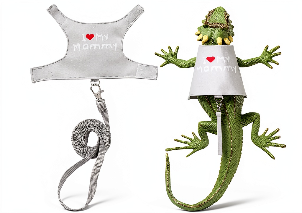 Bearded dragon wearing ElevateTech harness in a garden