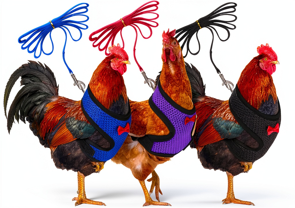 Chicken wearing Boao harness during a garden walk