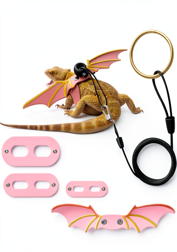 Installing Foyods Reptile Harness Mesh Wings 3‑Size Set on a wooden desk