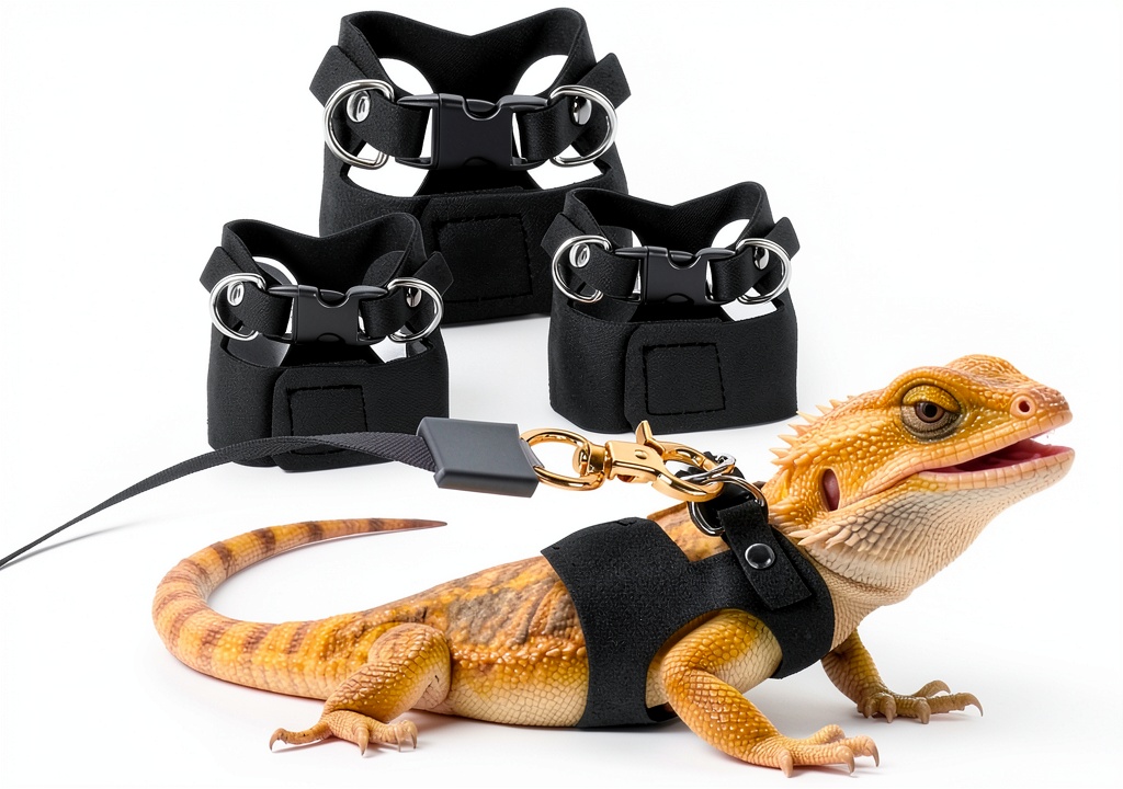 Small reptile wearing the Dongguan harness in a garden