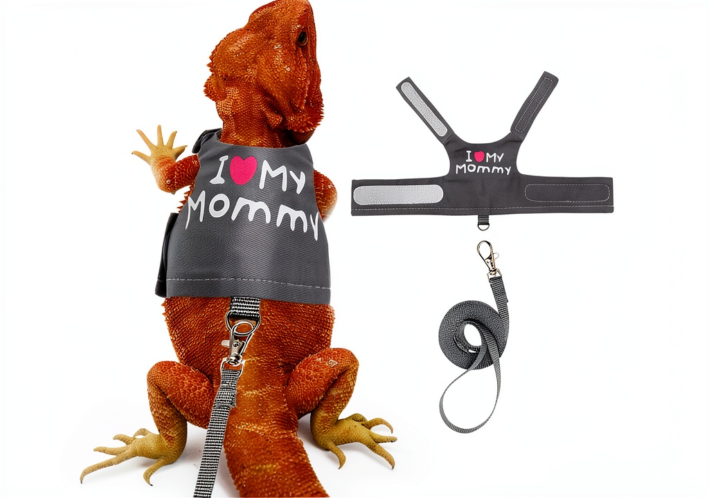 Lizard wearing FupetDay harness on a garden path