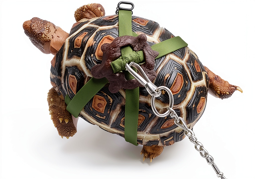 Turtle wearing Bonaweite harness on a garden path